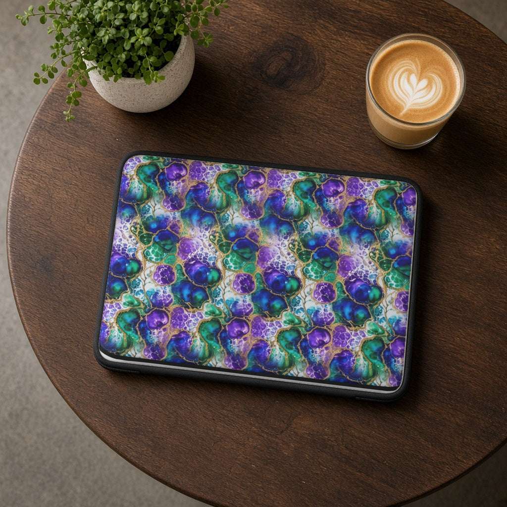 Peacock Acrylic Pour Cells laptop sleeve on a round wooden cafe table with a latte