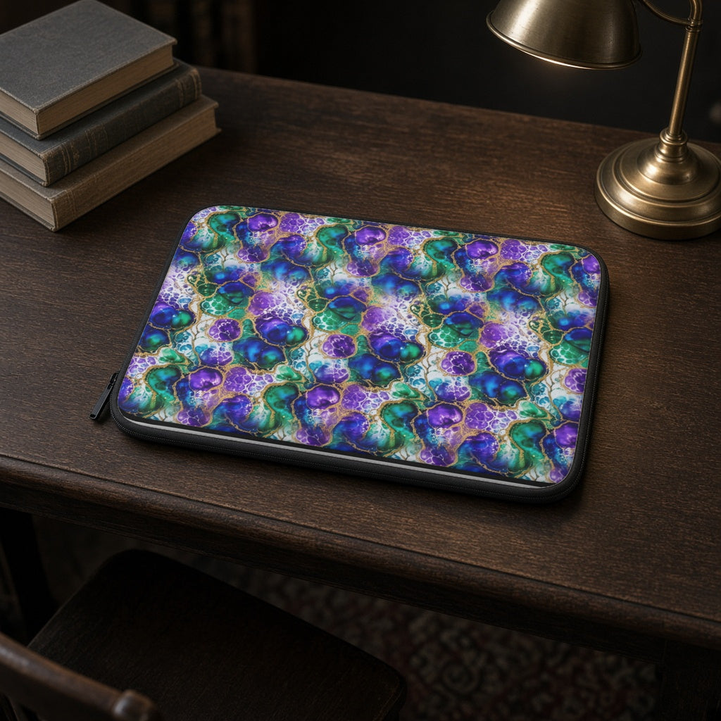 Peacock Acrylic Pour Cells laptop sleeve on a dark wood library desk with books and a lamp