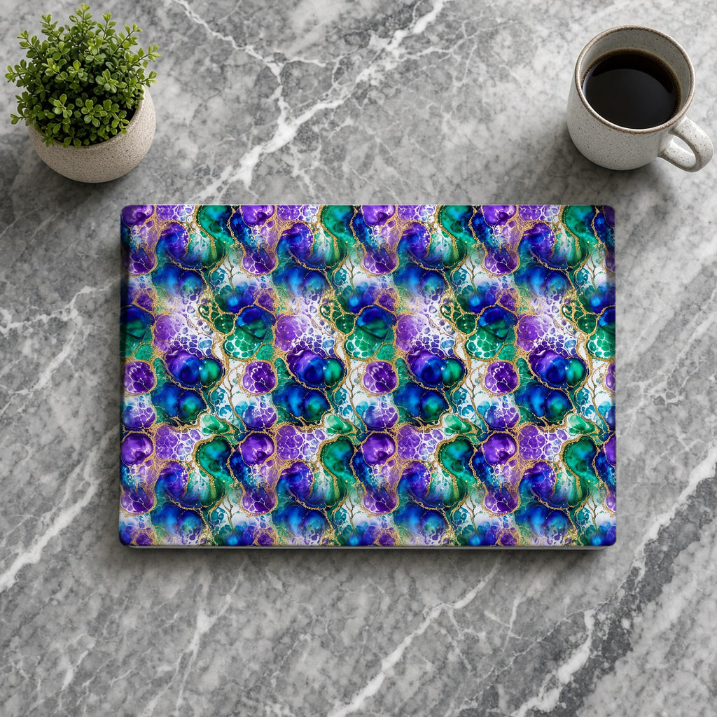 Peacock Acrylic Pour Cells matte MacBook case from above on grey marble with coffee
