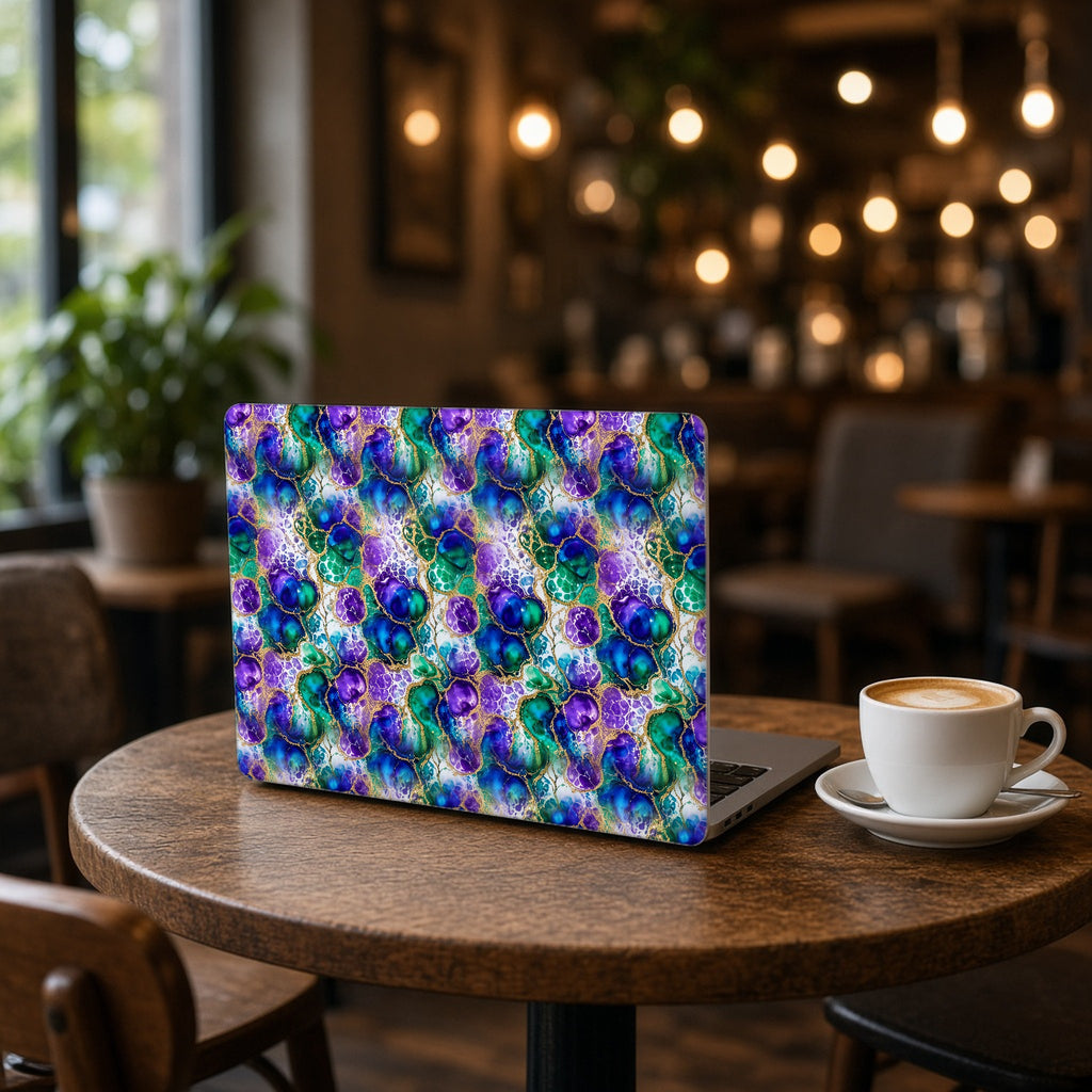 Peacock Acrylic Pour Cells matte MacBook case on an open laptop on a cafe table