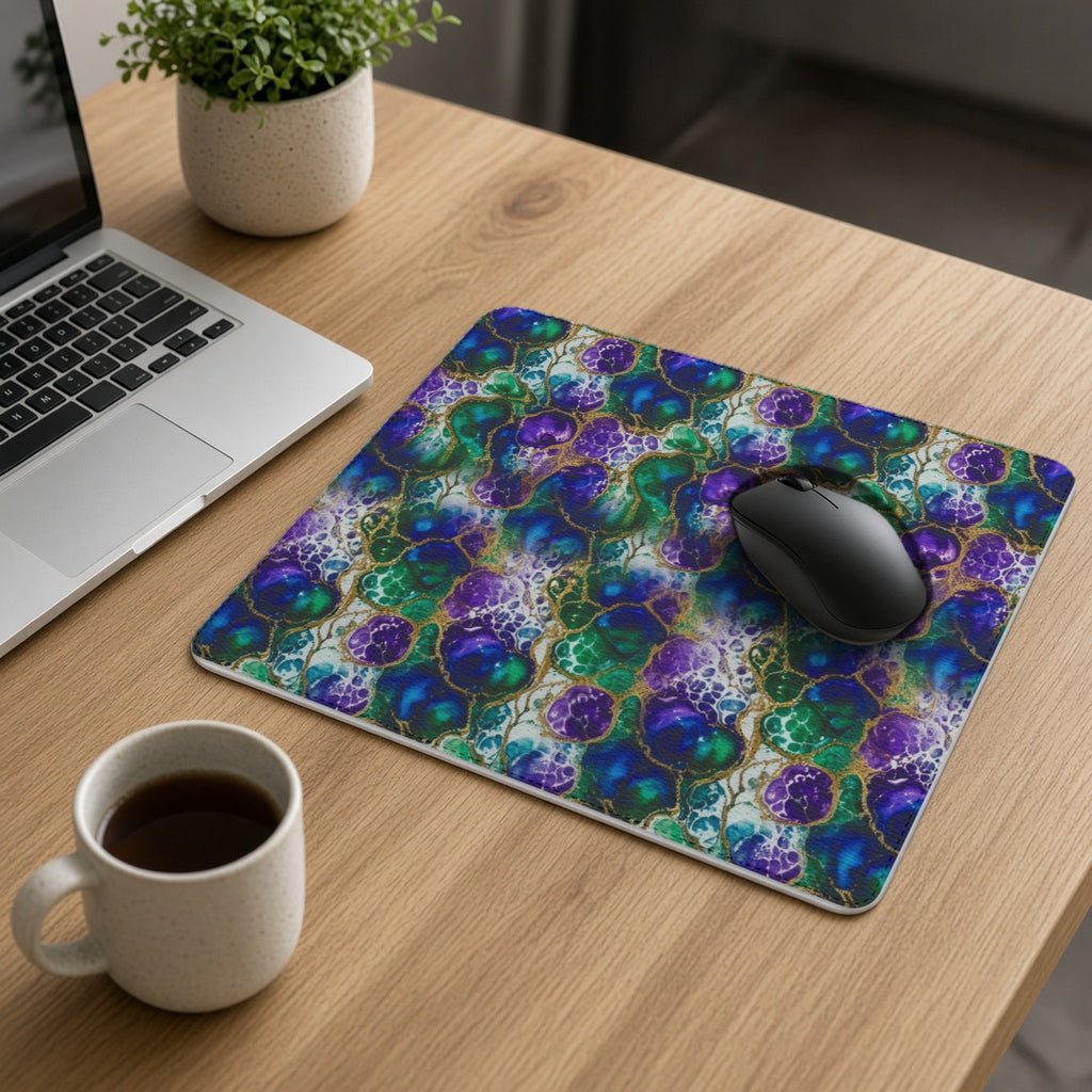 Peacock Acrylic Pour Cells vegan leather mouse mat on an oak desk with a laptop, mouse and coffee