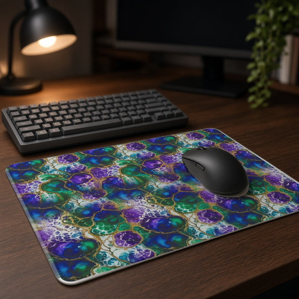 Peacock Acrylic Pour Cells vegan leather mouse mat on a dark wood desk with keyboard and lamp
