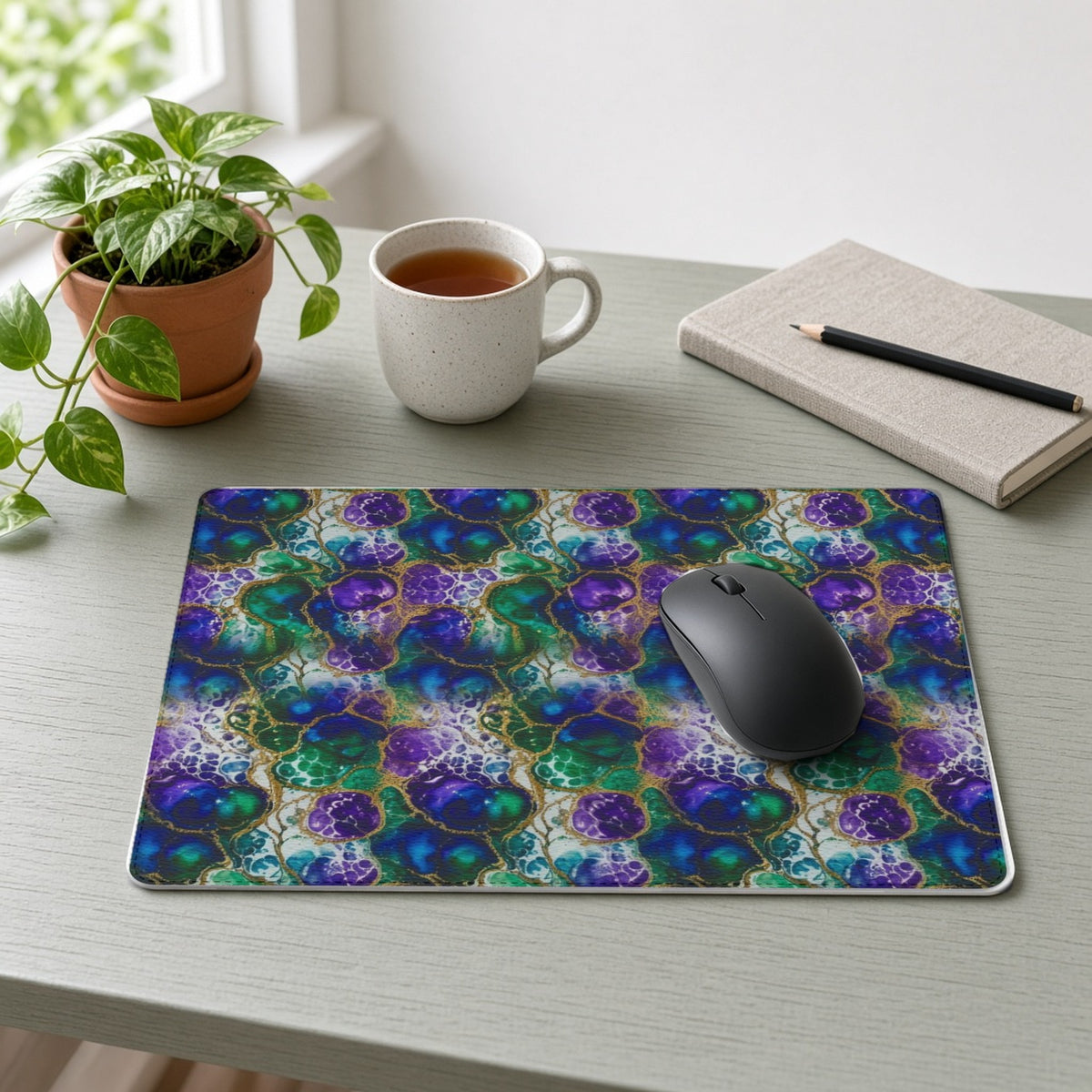 Peacock Acrylic Pour Cells vegan leather mouse mat on a sage-green desk with a plant, tea and notebook