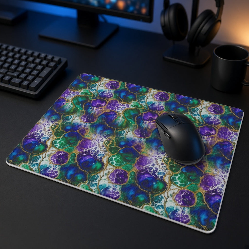 Peacock Acrylic Pour Cells vegan leather mouse mat in a dark gaming desk setup with headphones