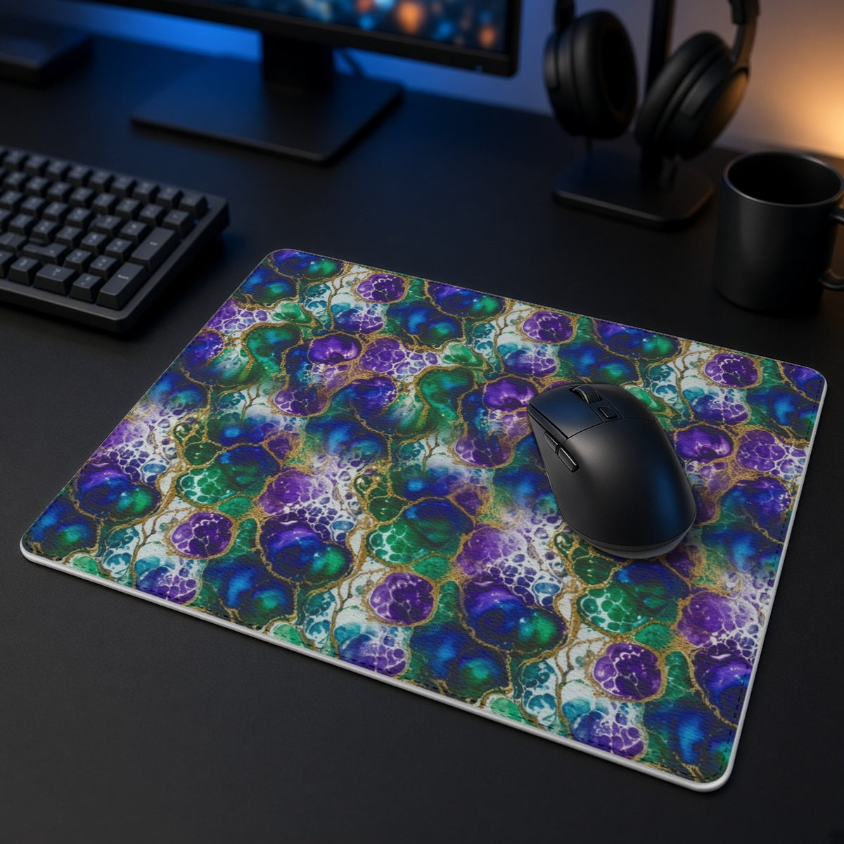 Peacock Acrylic Pour Cells vegan leather mouse mat in a dark gaming desk setup with headphones