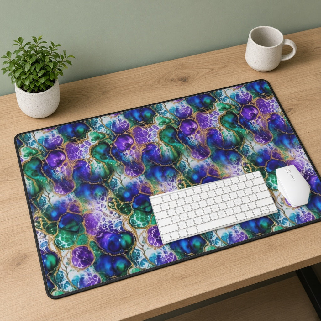 Peacock Acrylic Pour Cells desk mat on a sage-walled desk with a white keyboard and mouse