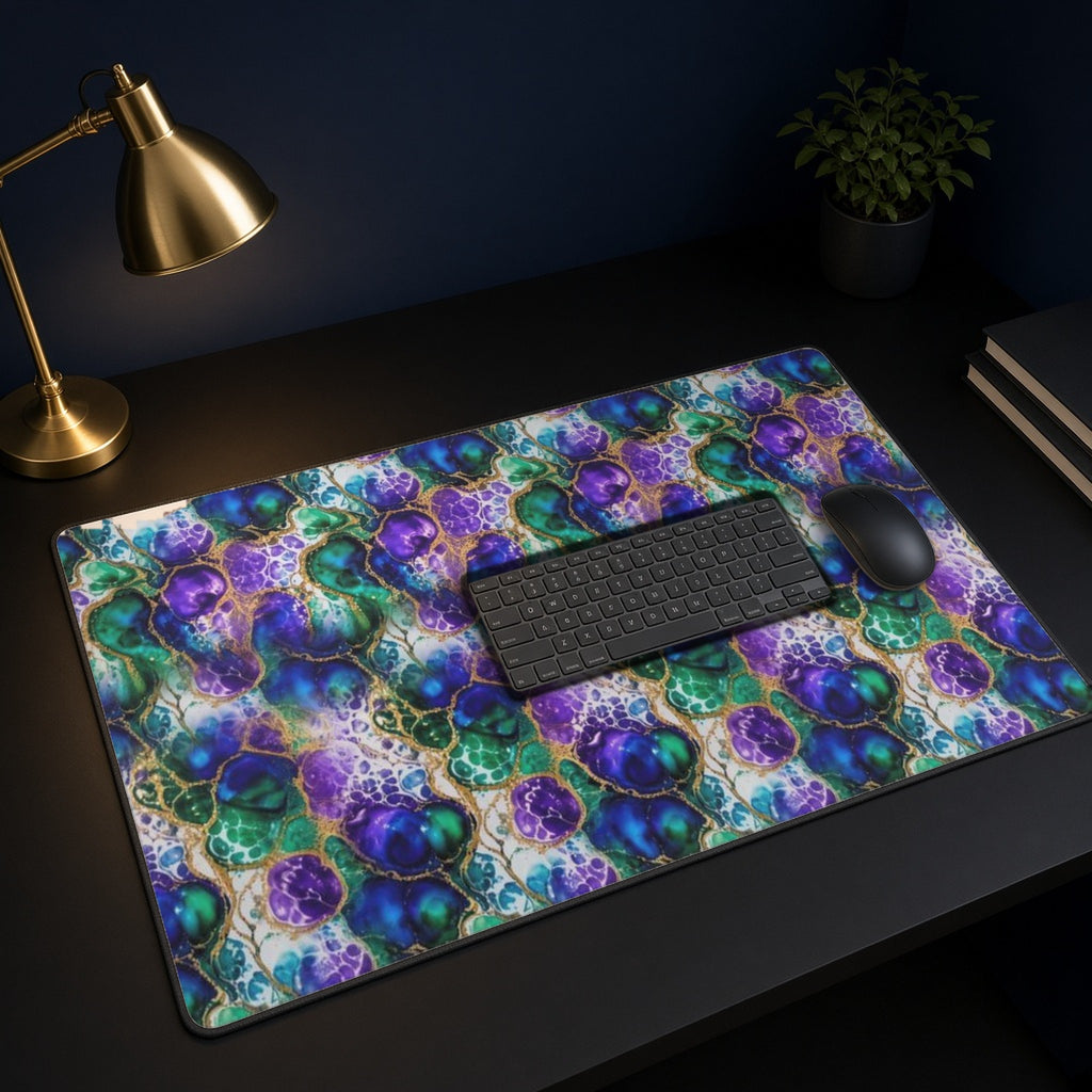 Peacock Acrylic Pour Cells desk mat on a black desk with a keyboard, mouse and brass lamp