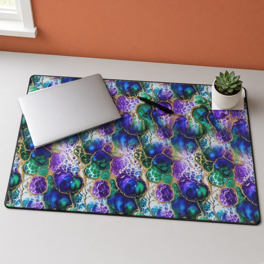 Peacock Acrylic Pour Cells desk mat on a grey desk with a laptop and a plant
