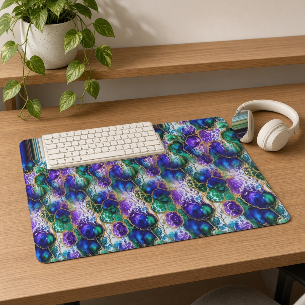 Peacock Acrylic Pour Cells desk mat on an oak desk with a cream keyboard and headphones