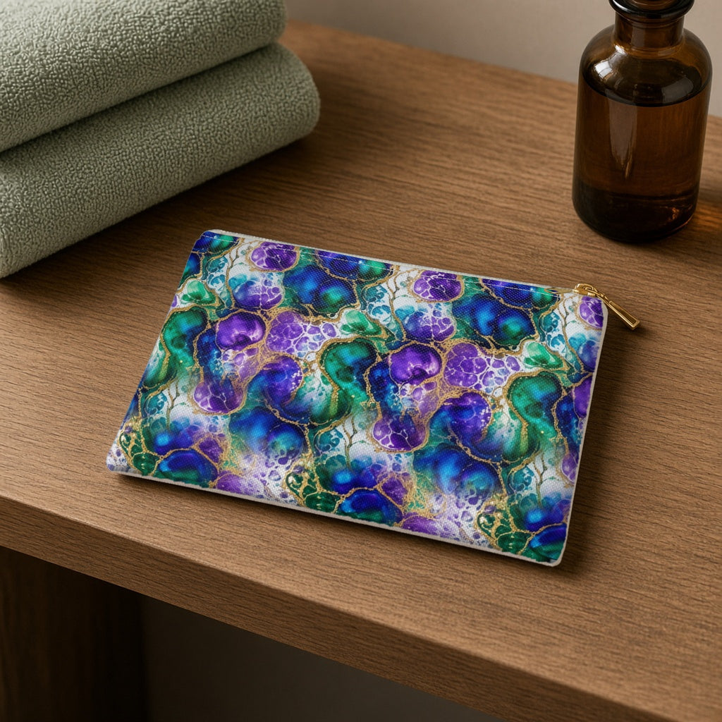 Peacock Acrylic Pour Cells zip accessory pouch on a wooden shelf with towels and an amber bottle