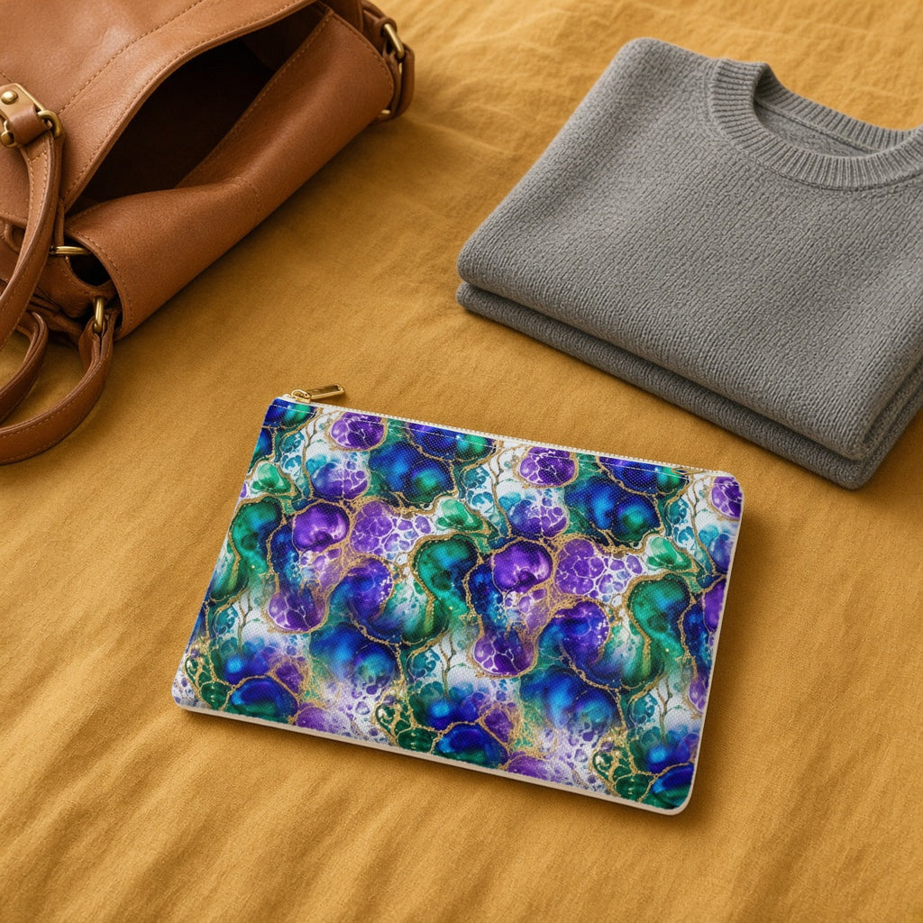 Peacock Acrylic Pour Cells zip accessory pouch on a mustard bedspread with a leather bag and jumper