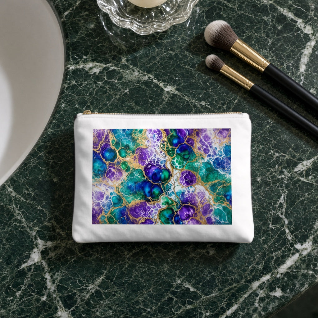 Peacock Acrylic Pour Cells canvas cosmetic bag on a green marble vanity