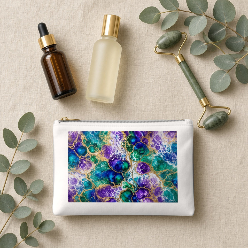 Peacock Acrylic Pour Cells canvas cosmetic bag on beige linen with skincare bottles