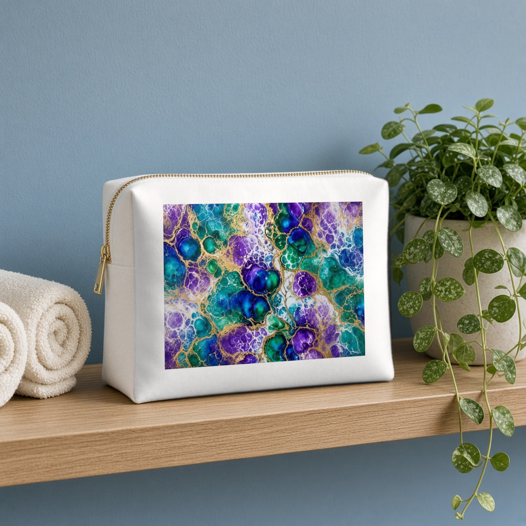 Peacock Acrylic Pour Cells canvas cosmetic bag on a wooden shelf against a blue wall with towels and a plant