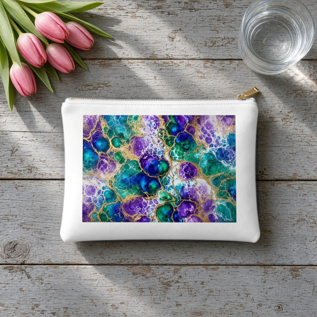Peacock Acrylic Pour Cells canvas cosmetic bag on grey wood with tulips