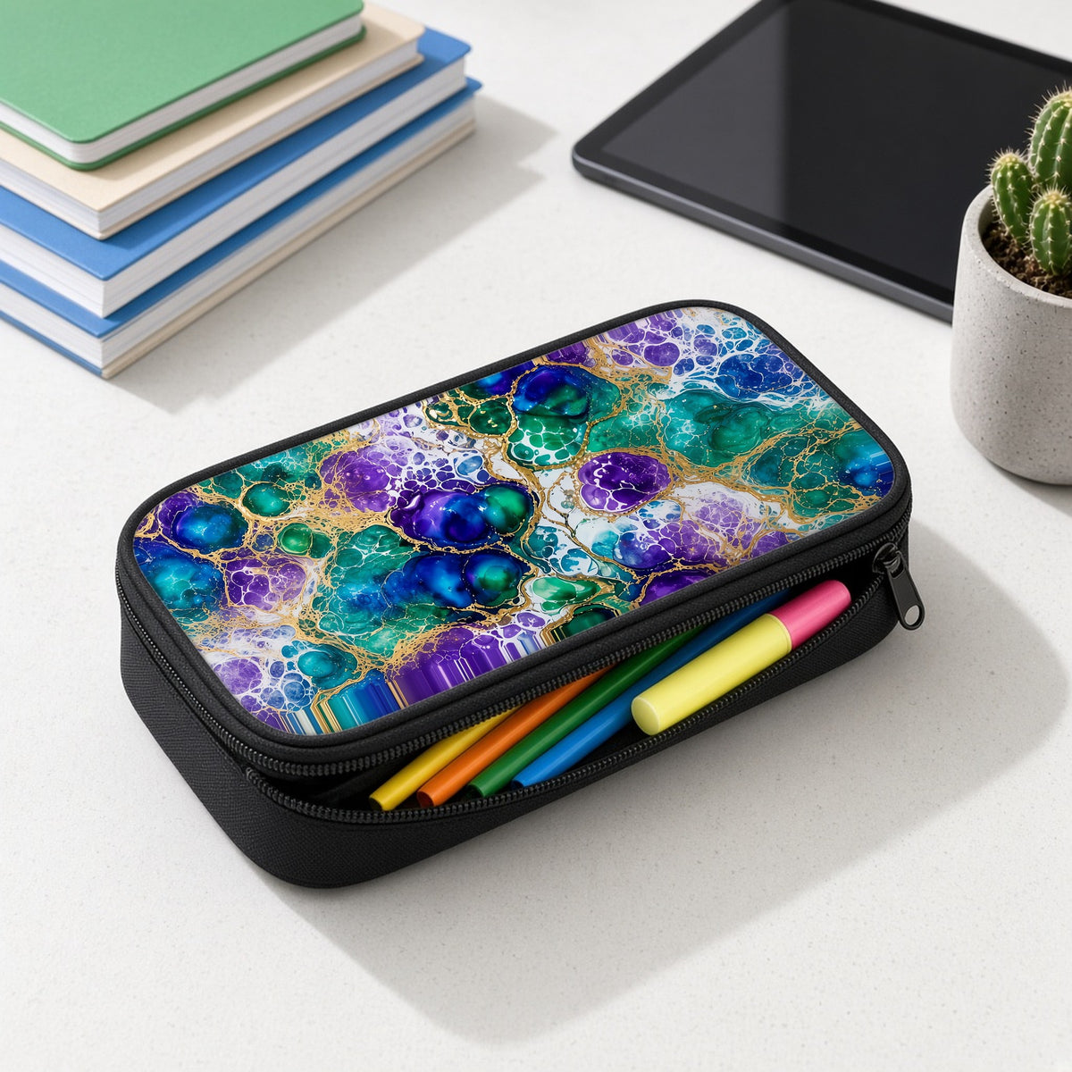 Peacock Acrylic Pour Cells pencil case open with colourful pens and highlighters on a white desk