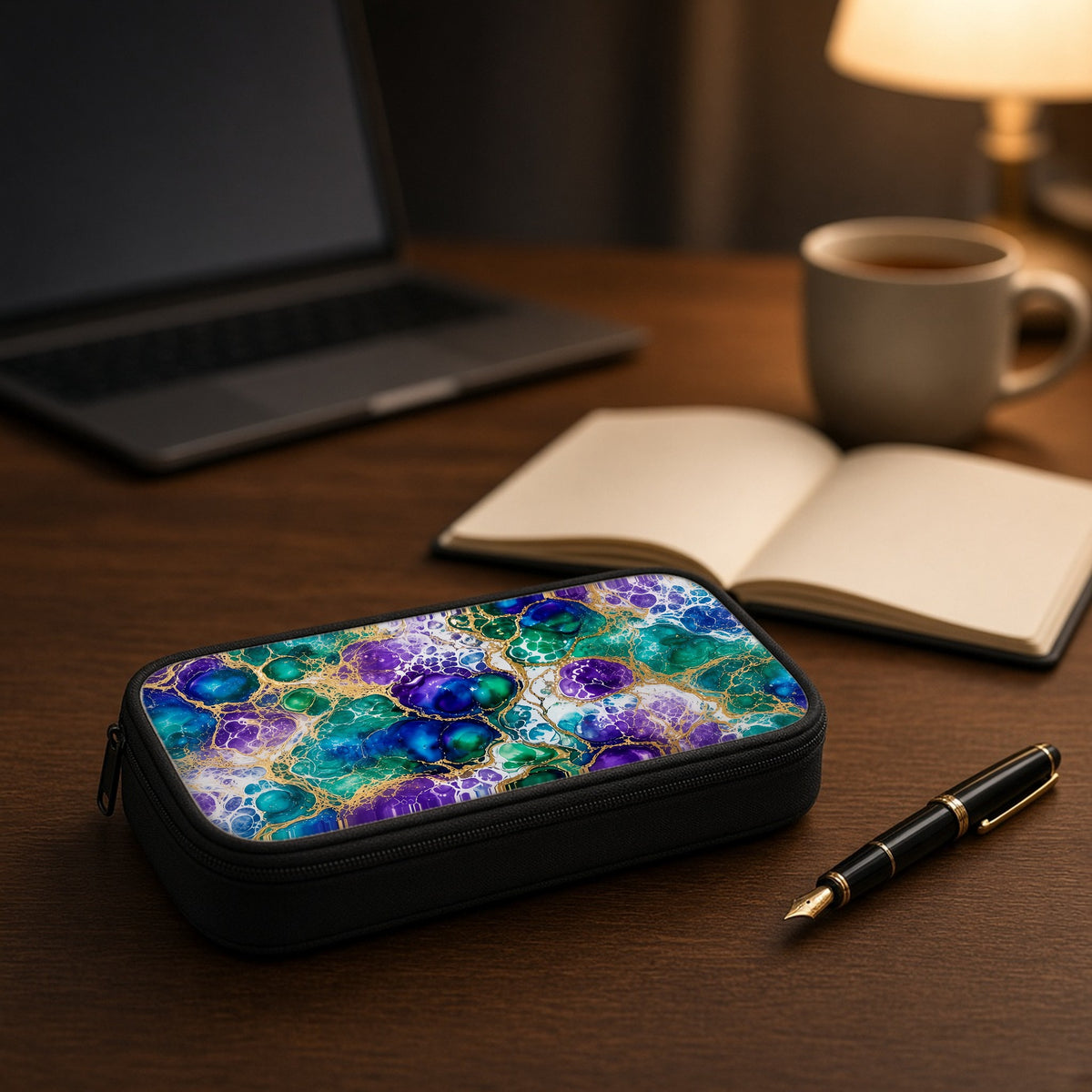 Peacock Acrylic Pour Cells pencil case on a wooden desk beside an open notebook and fountain pen