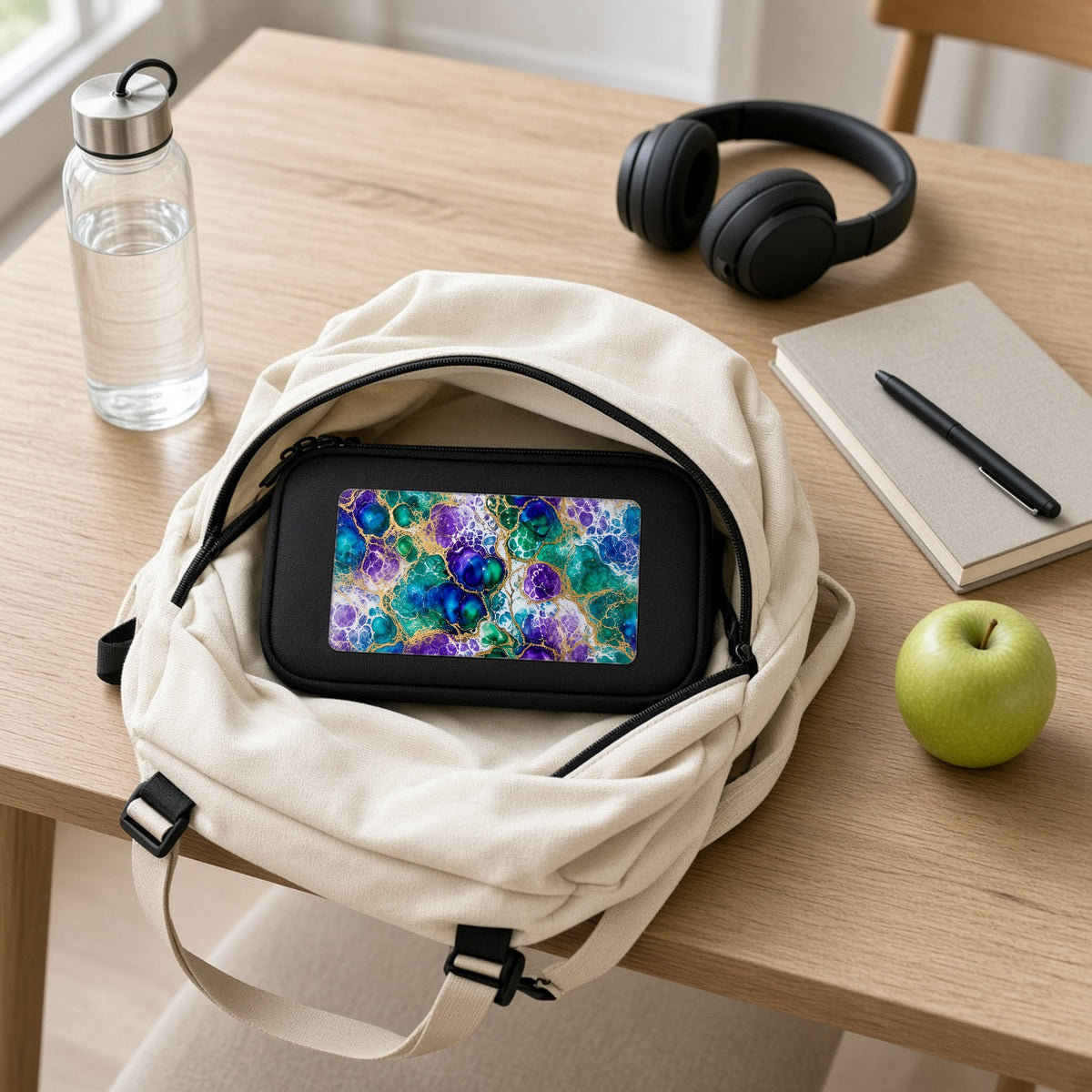 Peacock Acrylic Pour Cells pencil case packed in a school backpack with headphones and an apple