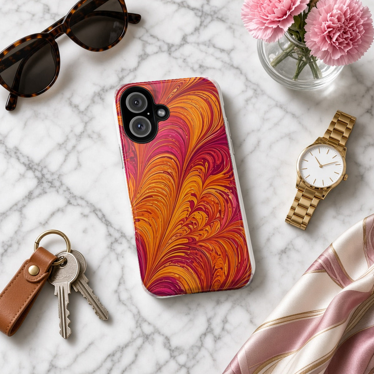 Sunset Feather Marbling tough phone case on white marble with a watch, keys and sunglasses