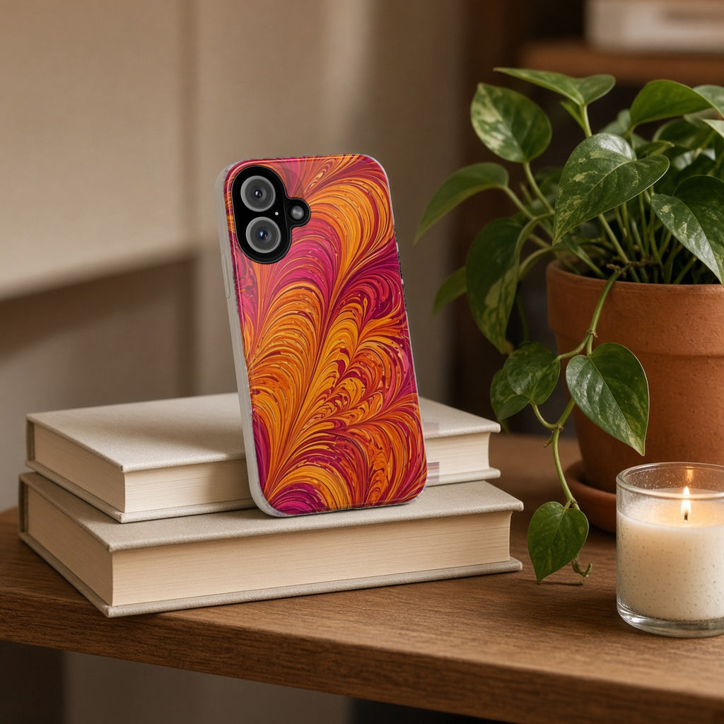 Sunset Feather Marbling tough phone case propped on a stack of books beside a plant and candle