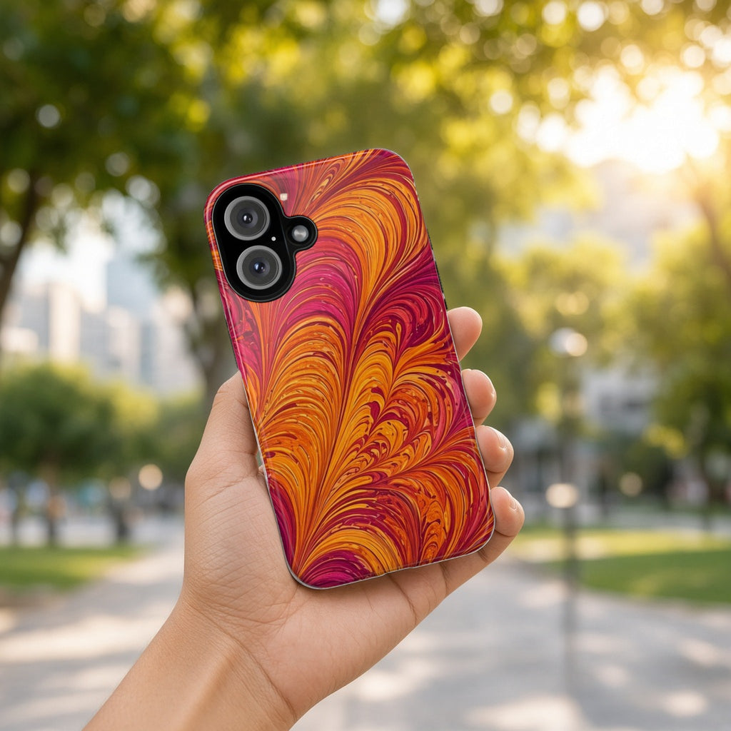 Hand holding the Sunset Feather Marbling tough phone case outdoors in a sunny park