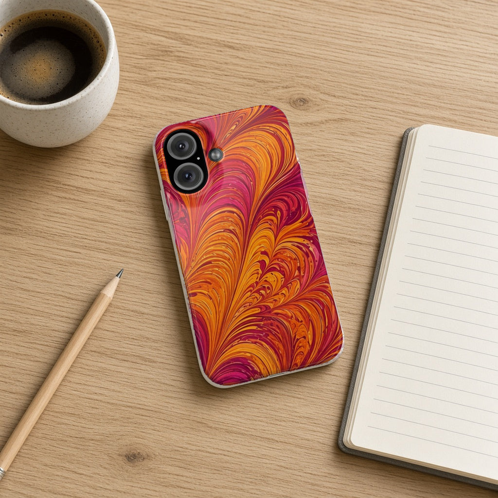 Sunset Feather Marbling slim phone case on an oak desk with a notebook, pencil and coffee