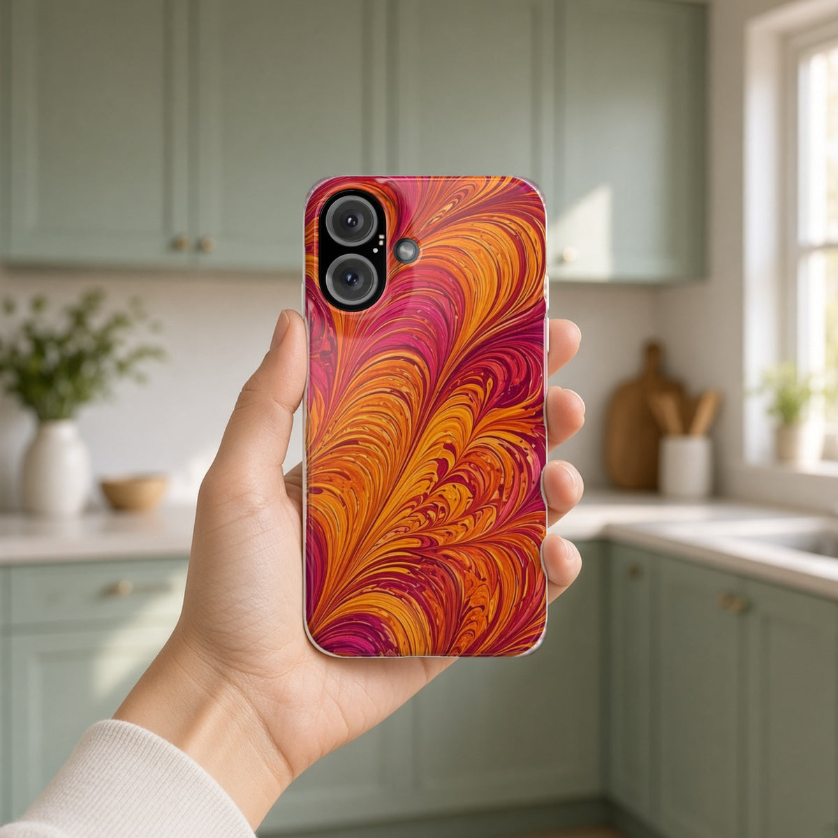 Hand holding the Sunset Feather Marbling slim phone case in a bright kitchen