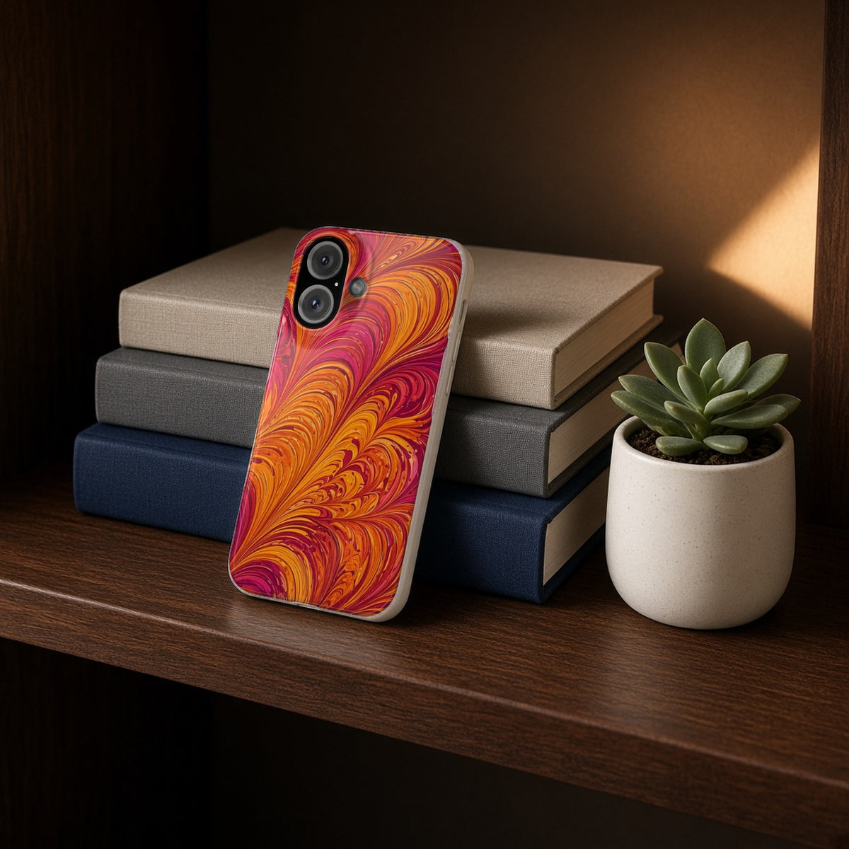 Sunset Feather Marbling slim phone case propped on a bookshelf beside a small plant