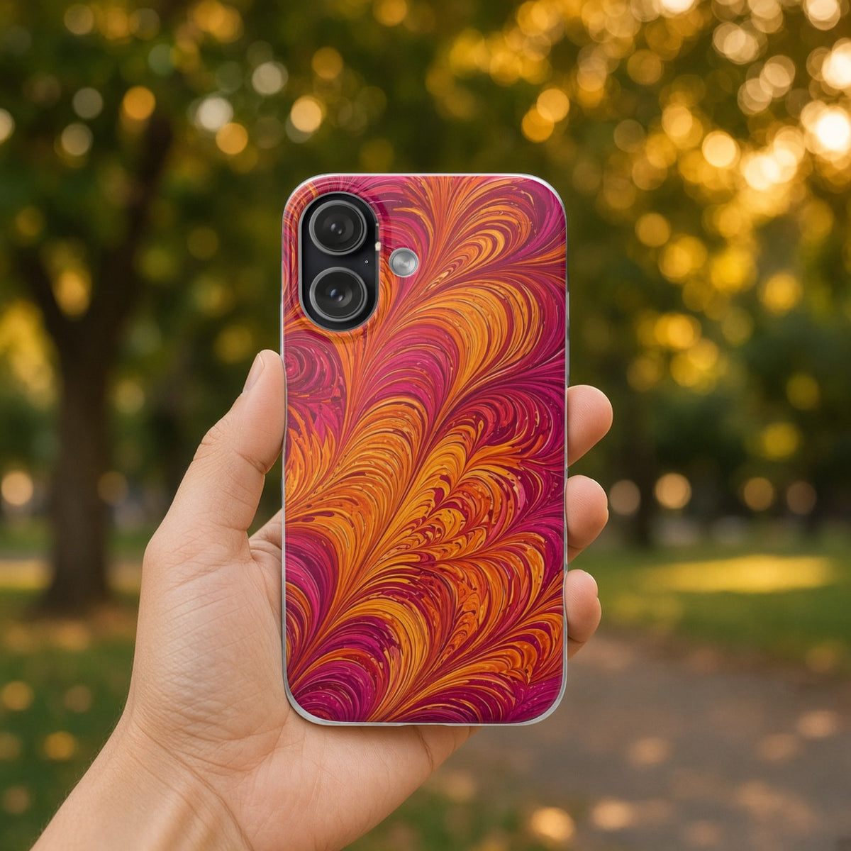 Hand holding the Sunset Feather Marbling flexi phone case in a leafy park
