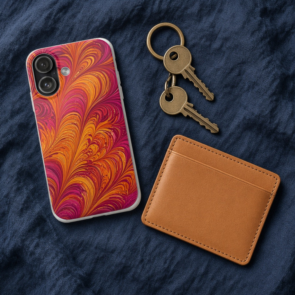 Sunset Feather Marbling flexi phone case on navy linen with keys and a leather wallet