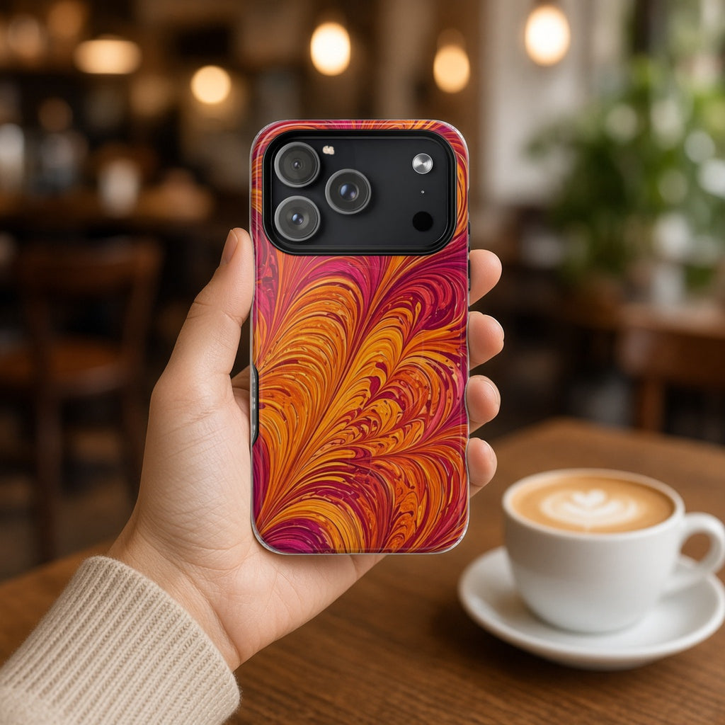 Hand holding the Sunset Feather Marbling magnetic iPhone case in a cafe beside a latte