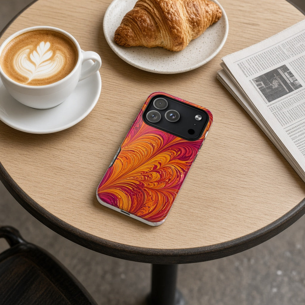 Sunset Feather Marbling magnetic iPhone case on a cafe table with a latte, croissant and newspaper