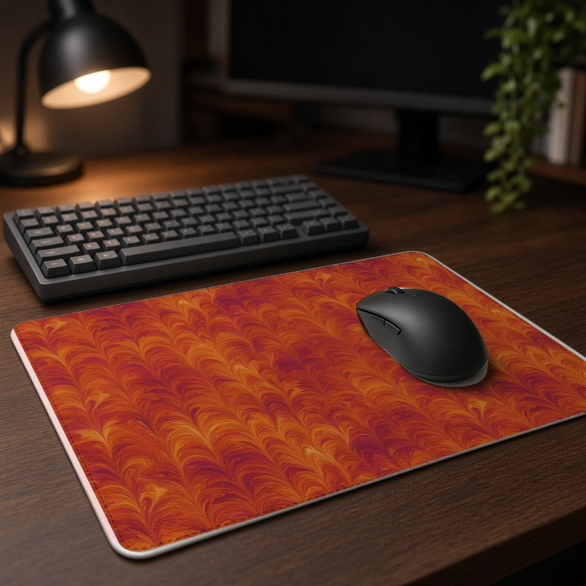 Sunset Feather Marbling vegan leather mouse mat on a dark wood desk with keyboard and lamp