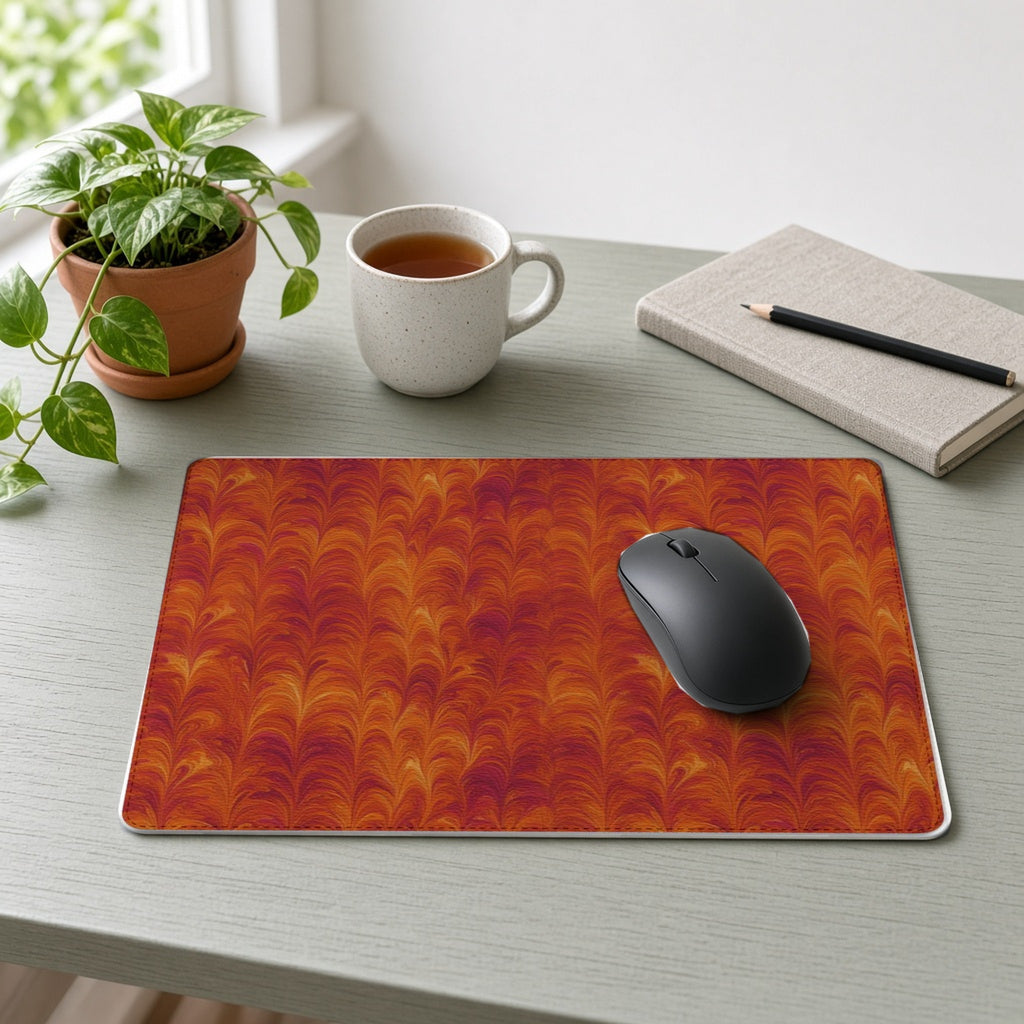 Sunset Feather Marbling vegan leather mouse mat on a sage-green desk with a plant, tea and notebook