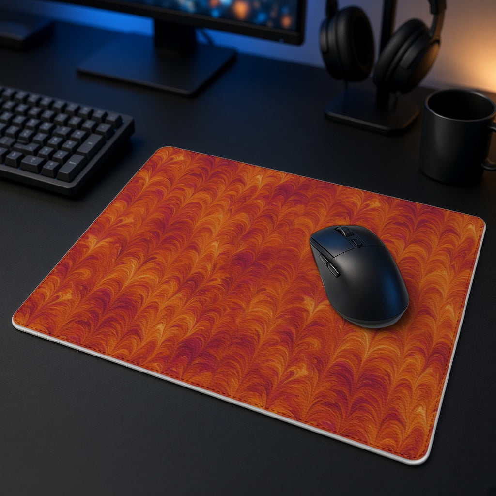 Sunset Feather Marbling vegan leather mouse mat in a dark gaming desk setup with headphones
