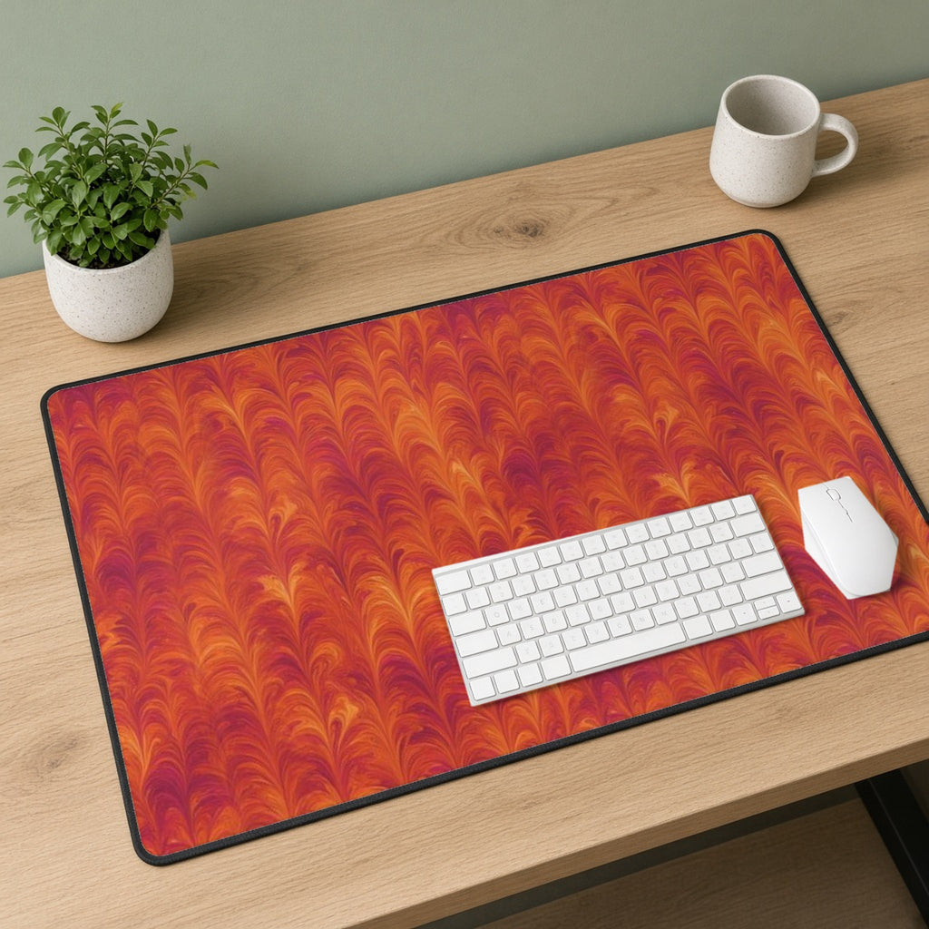 Sunset Feather Marbling desk mat on a sage-walled desk with a white keyboard and mouse