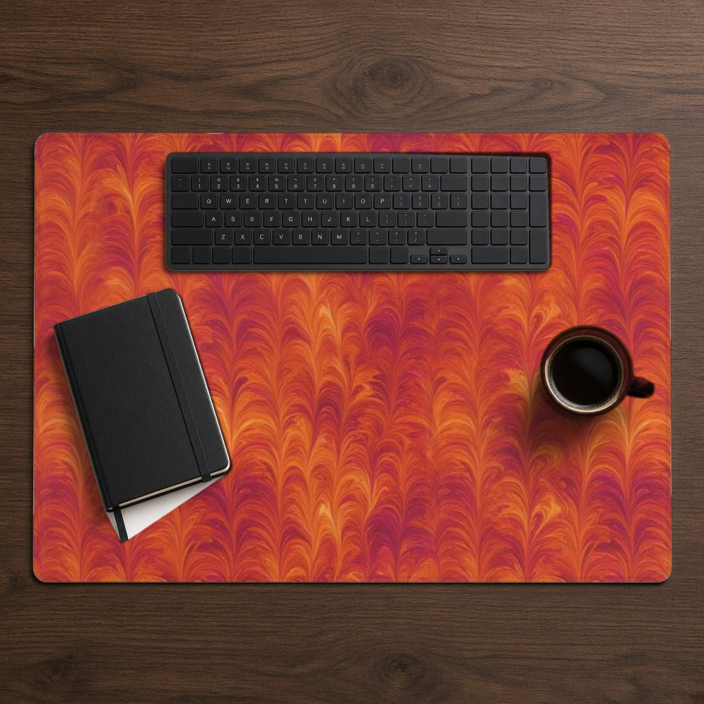 Sunset Feather Marbling desk mat from above on walnut with a black keyboard, notebook and coffee