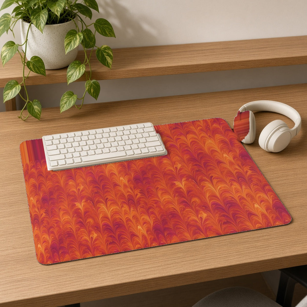 Sunset Feather Marbling desk mat on an oak desk with a cream keyboard and headphones