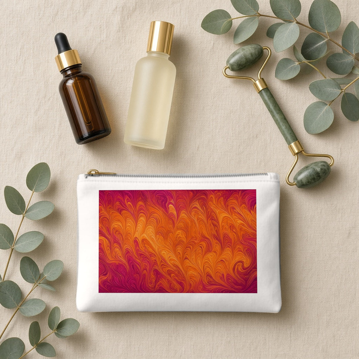 Sunset Feather Marbling canvas cosmetic bag on beige linen with skincare bottles