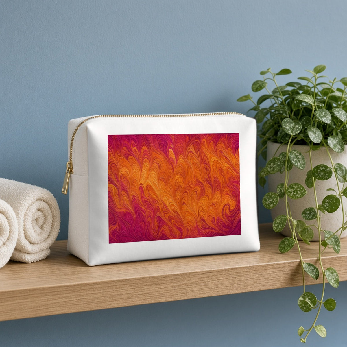 Sunset Feather Marbling canvas cosmetic bag on a wooden shelf against a blue wall with towels and a plant