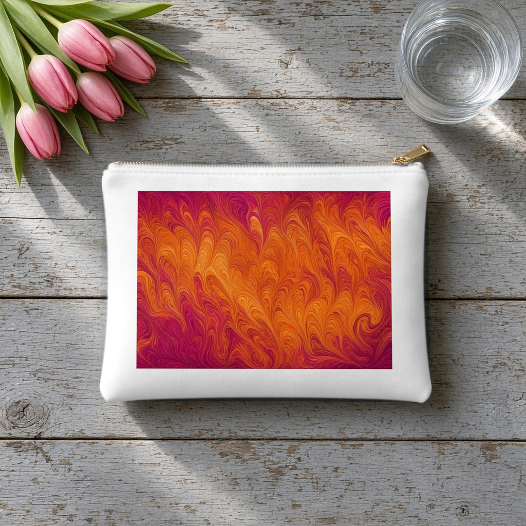 Sunset Feather Marbling canvas cosmetic bag on grey wood with tulips
