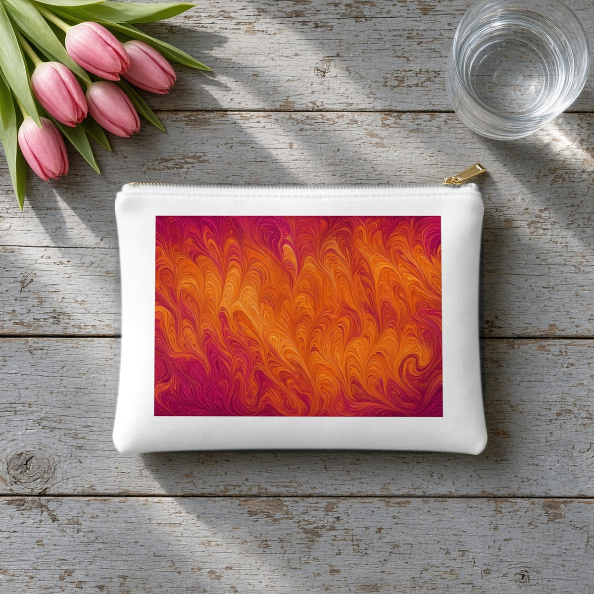 Sunset Feather Marbling canvas cosmetic bag on grey wood with tulips