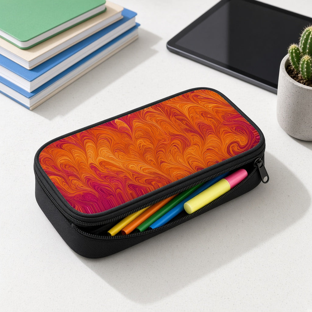 Sunset Feather Marbling pencil case open with colourful pens and highlighters on a white desk