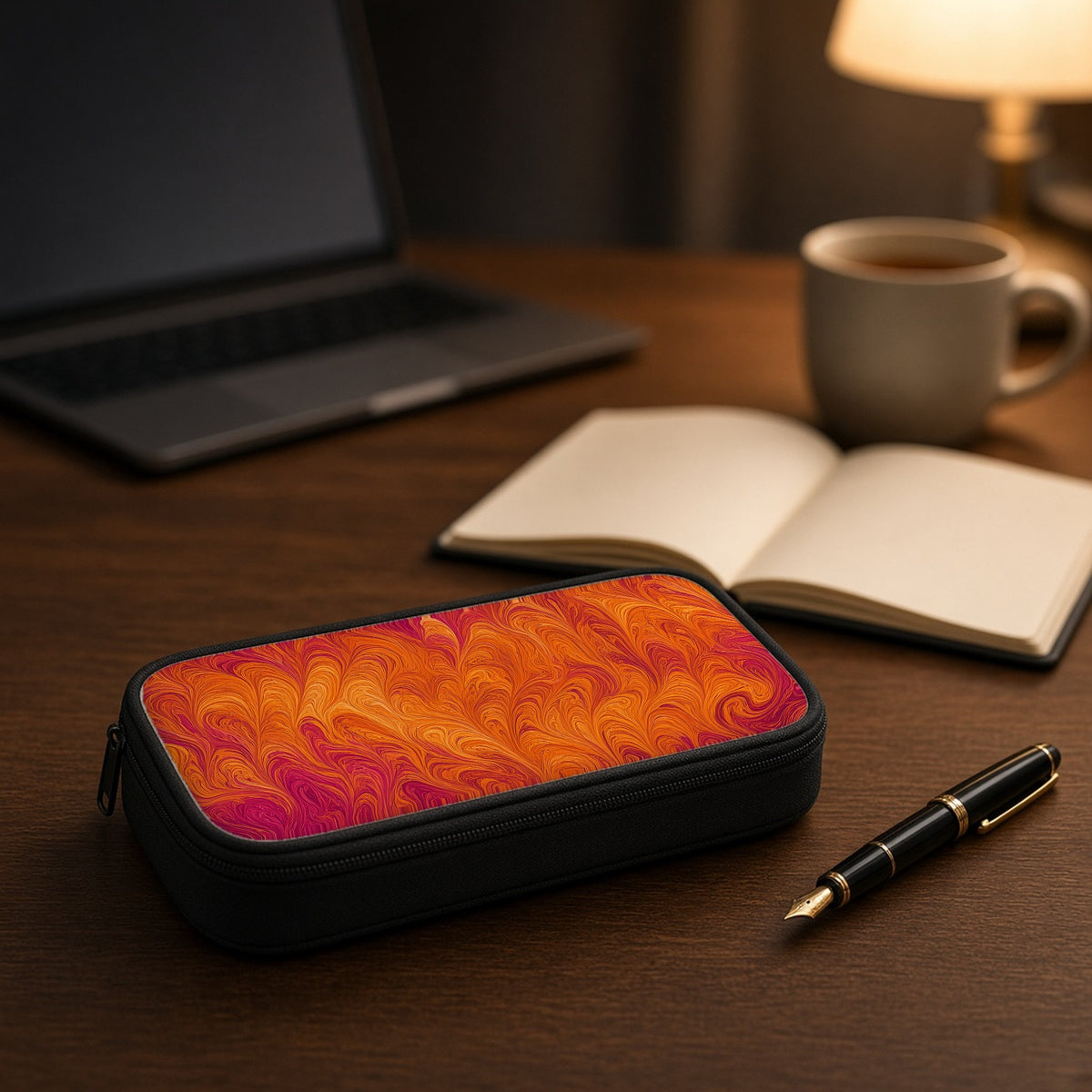 Sunset Feather Marbling pencil case on a wooden desk beside an open notebook and fountain pen