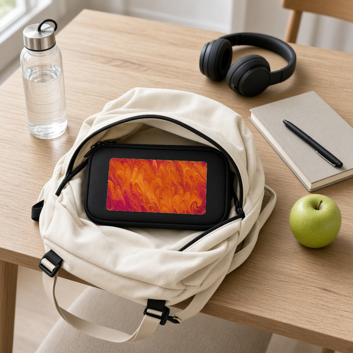 Sunset Feather Marbling pencil case packed in a school backpack with headphones and an apple