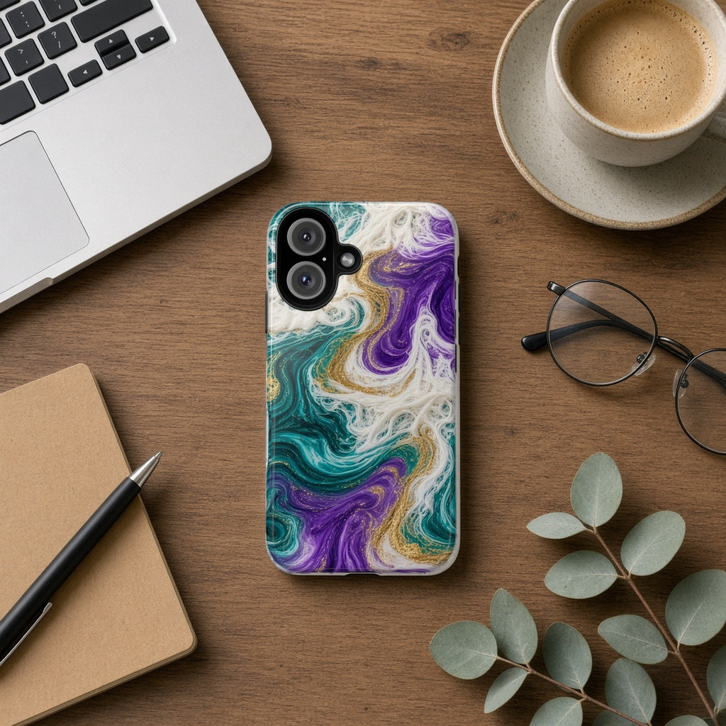 Peacock Resin Wave tough phone case on a wooden desk beside a laptop, coffee and eucalyptus