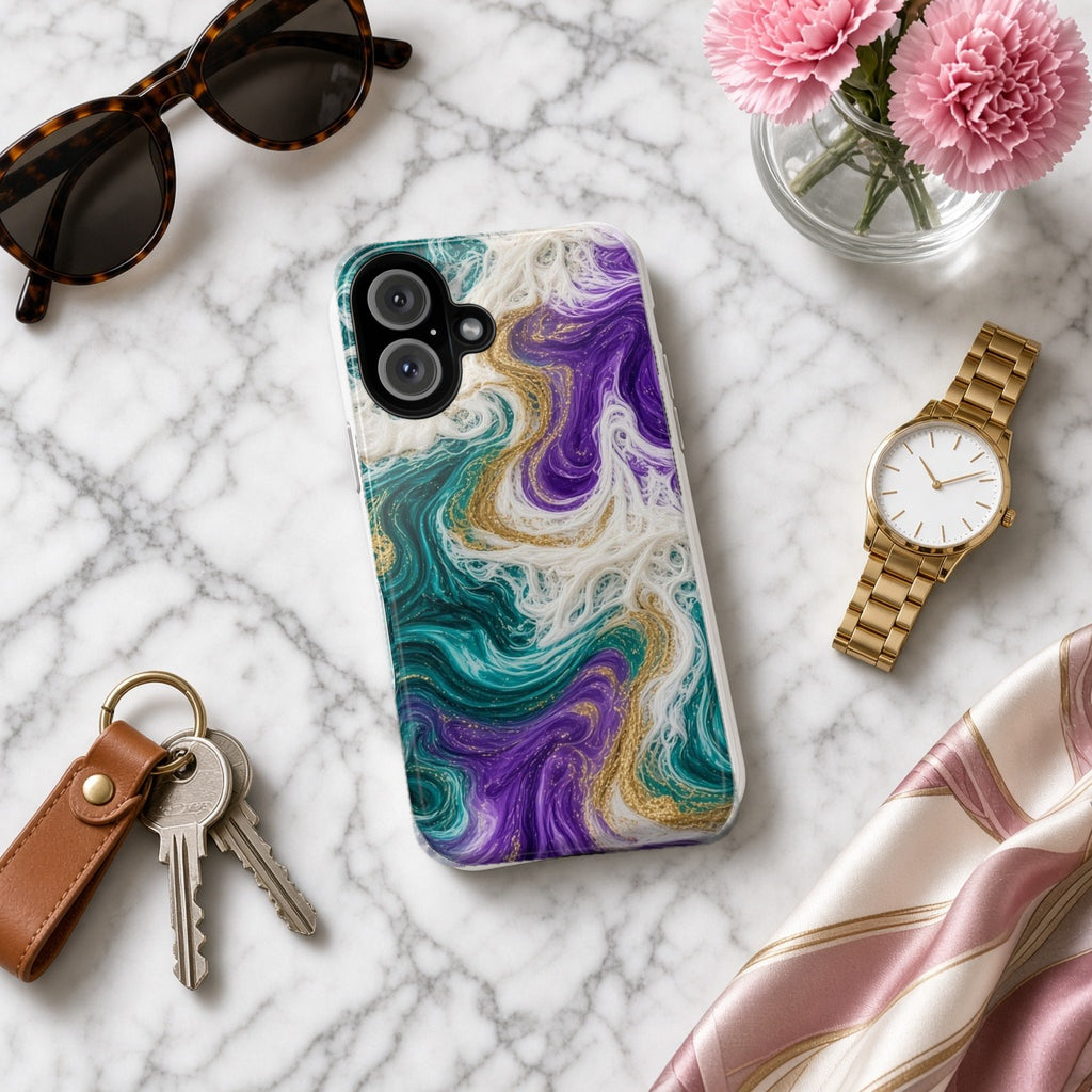 Peacock Resin Wave tough phone case on white marble with a watch, keys and sunglasses