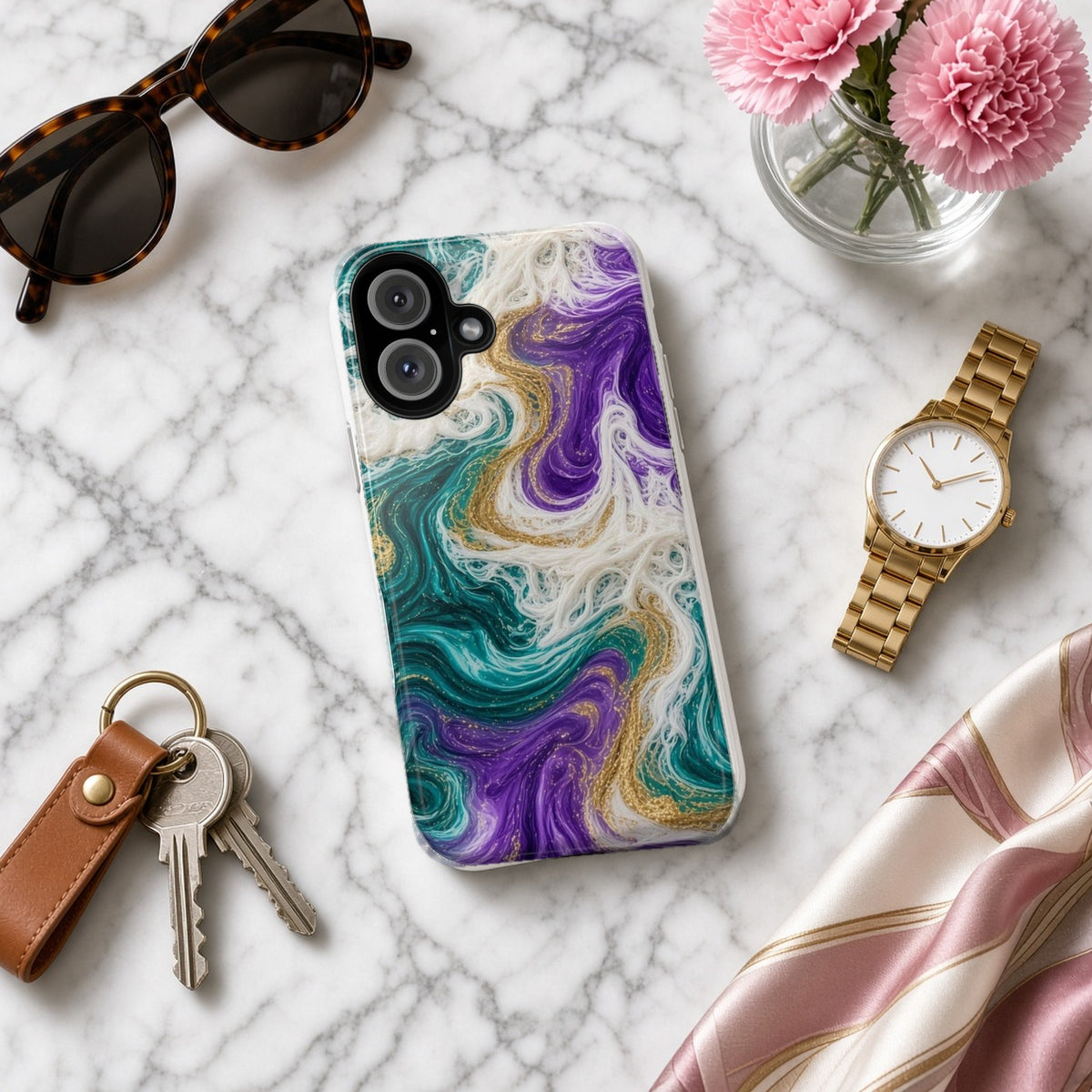 Peacock Resin Wave tough phone case on white marble with a watch, keys and sunglasses