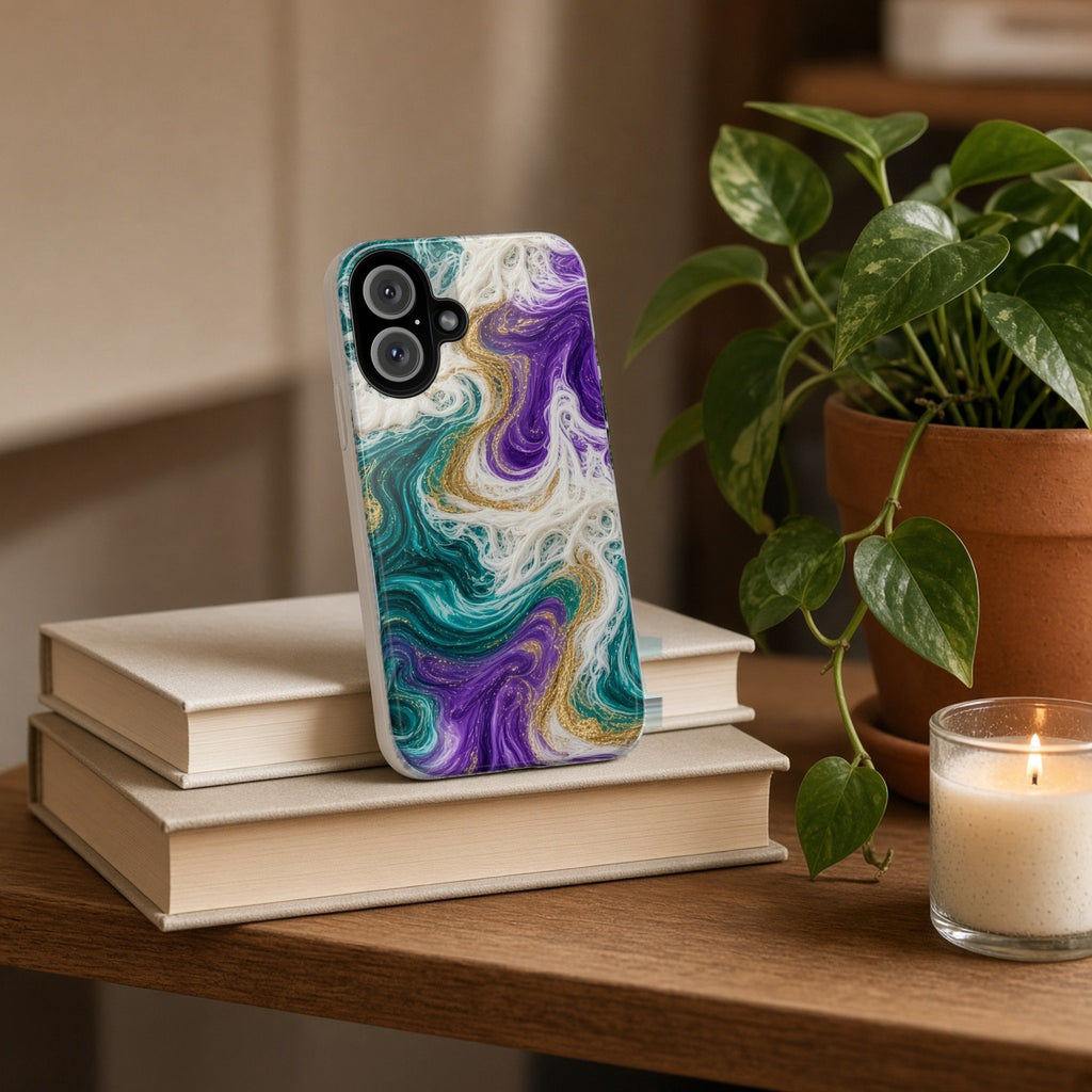 Peacock Resin Wave tough phone case propped on a stack of books beside a plant and candle