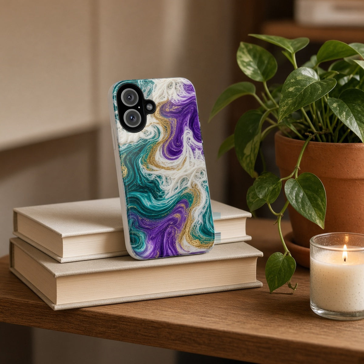 Peacock Resin Wave tough phone case propped on a stack of books beside a plant and candle